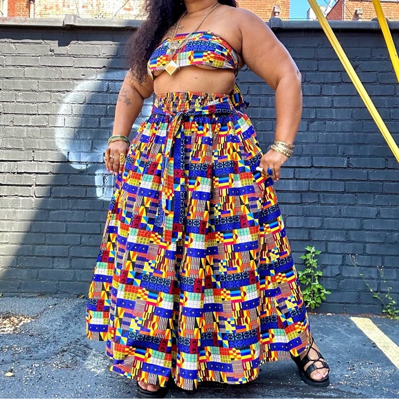 Tribal Abstract Mix Wax Print Cotton Tie Waist Maxi Skirt One Size Plus Size - Picture 4 of 12